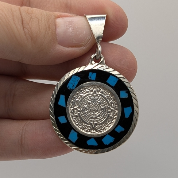 Jewelry - Vintage Aztec Calender Turquoise Inlay Sterling Silver Pendant 17 Grams